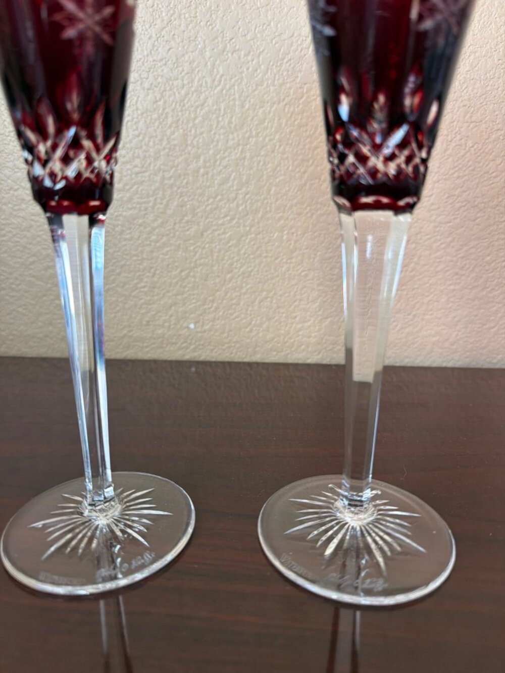 Waterford Snowflake Wishes Joy 2011 Ruby Champagne Flutes Pair Signed O'Keeffe - Picture 6 of 13